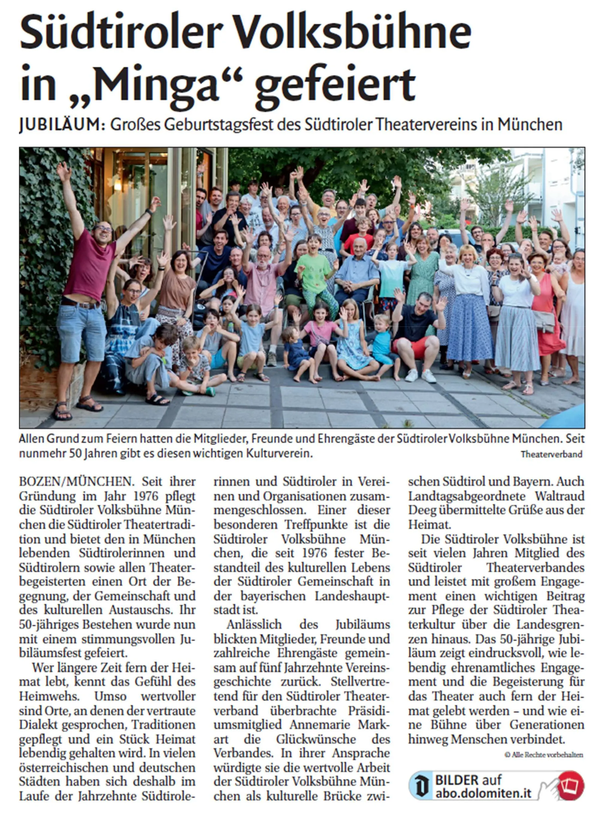 Zeitungsartikel der Dolomiten über das 50-jährige Jubiläum der Südtiroler Volksbühne München